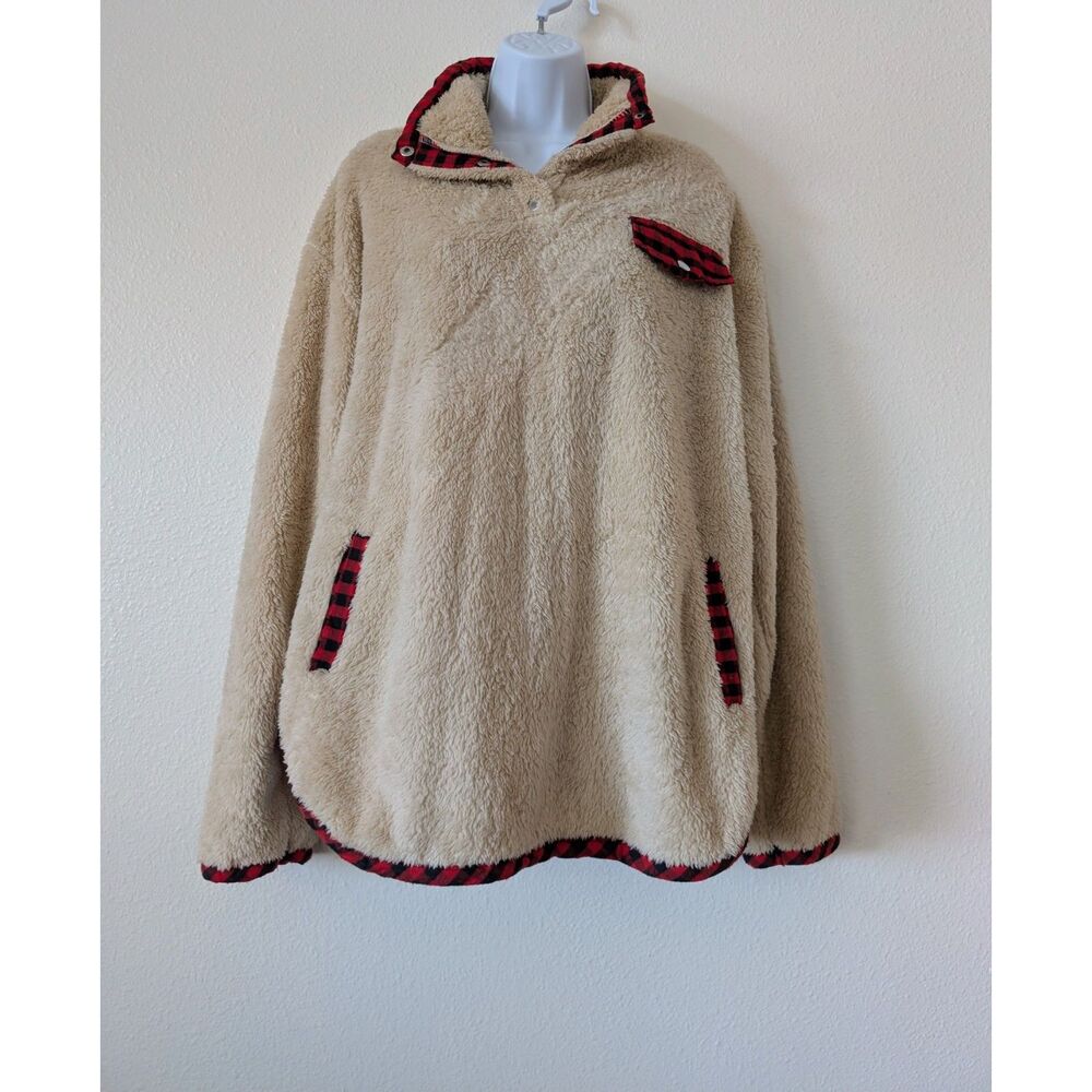 Cozy Sherpa Fleece Pullover Plaid Trim Quarter-Button Collar w/ Pockets - Picture 9 of 10